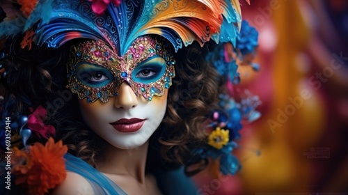 Woman in a painted colorful carnival mask high quality