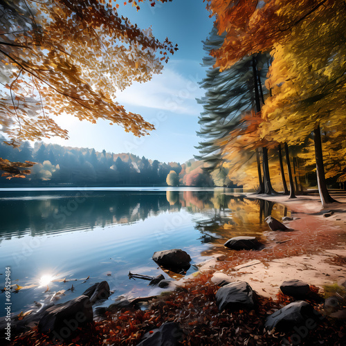 Tranquil lake surrounded by trees with autumn foliage