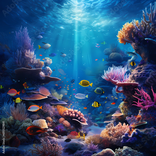 Underwater scene with schools of tropical fish and coral reefs © Cao