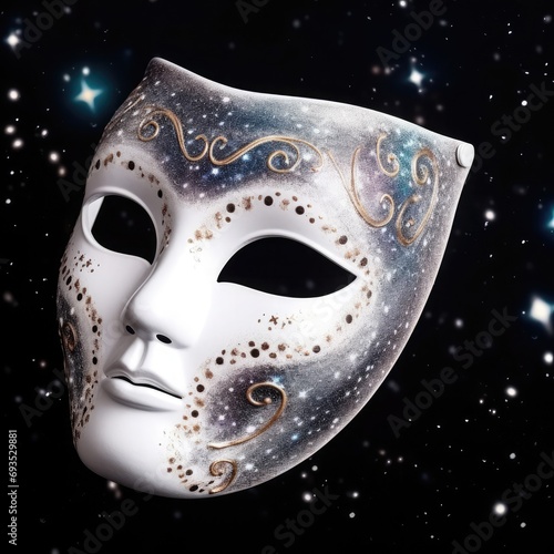 The inner reverse side of a monotonous white mask against the background of space with a cluster of stars, cosmic nebulae and galaxies. 