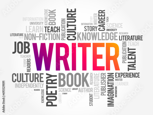 Writer is a person who uses written words in different writing styles and techniques to communicate ideas, word cloud concept background