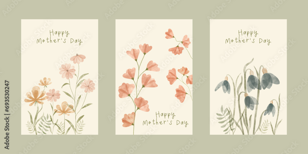 Mother's day greeting cards set with watercolor flowers. Collection of backgrounds with realistic drawing flowers.