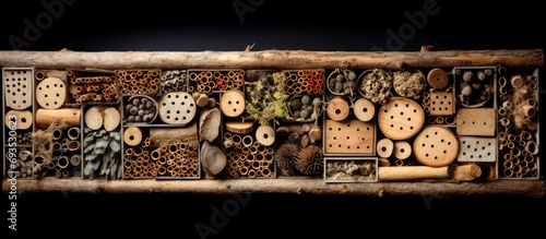 Bee insect hotel made of timber cane and wood plank tunnels for nesting in winter garden environment with webs and leaf build-up.
