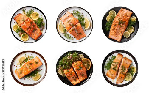 Collection set a plate of grilled salmon steak with vegetables isolated on a transparent background, top view photo