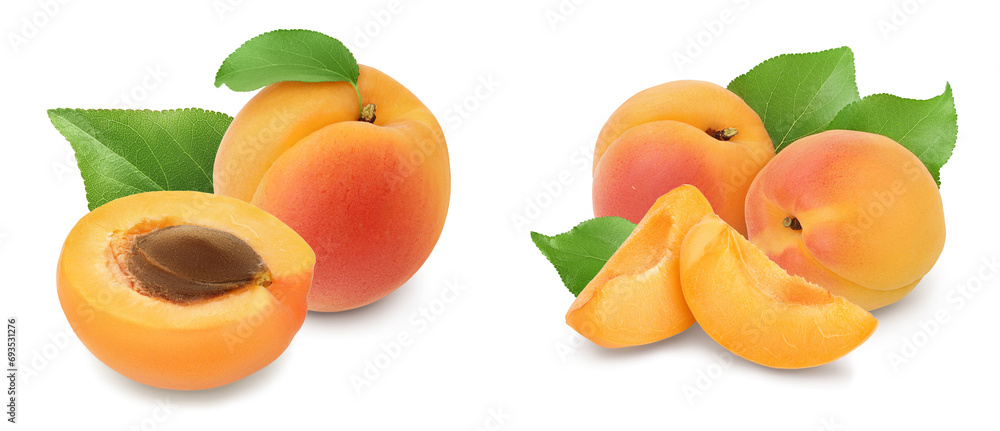 apricot fruit with half isolated on white background with with full depth of field - obrazy, fototapety, plakaty 