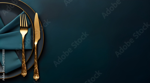 Dark blue setting, gold knife, fork, teal napkin, elegant table, luxurious feel, rich colors, dinner preparation, classy design with copy space, website photo