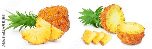 pineapple and slices isolated on white background with full depth of field