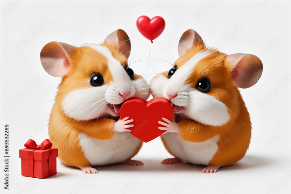 Cute couple hamster in love celebrating Valentine's Day with a gift, simple white background, cartoon style