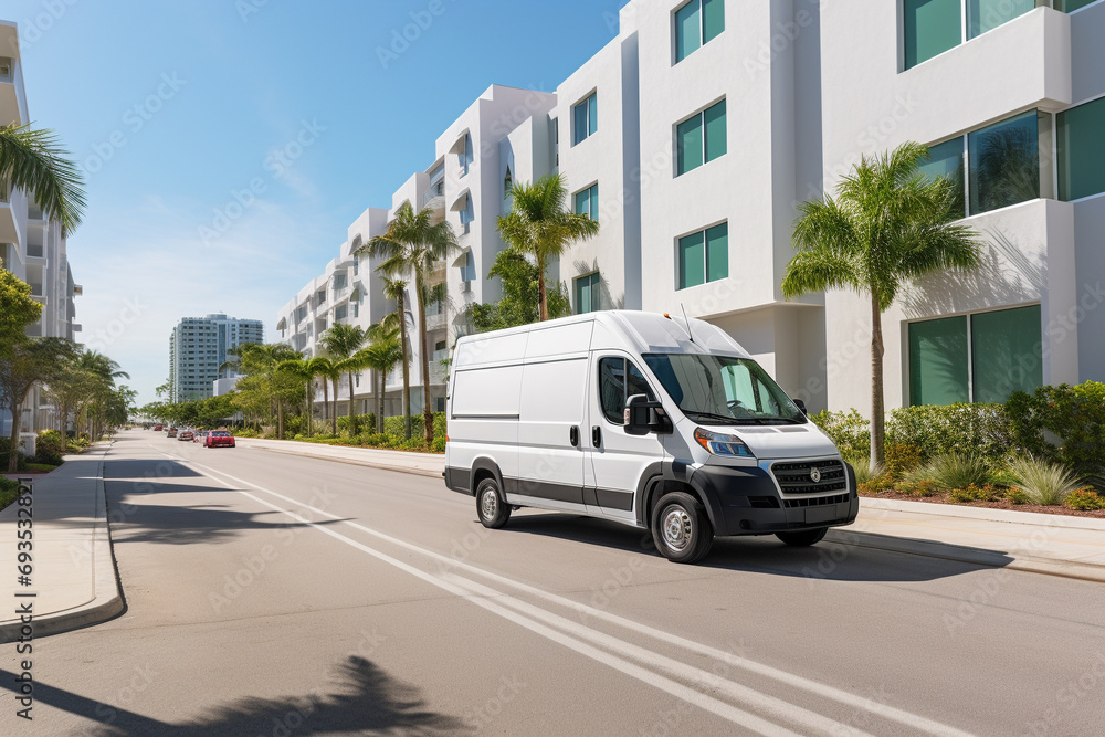 real photo of a white cargo van with a white blank empty trailer for ad on a Florida condominium street. driving in motion.. --ar 3:2 --style raw --v 5.2 Job ID: 1ce8f579-5a51-4ad4-814e-3269759cd0d9