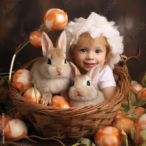Coniglietti e bimba in un cestino di vimini photo