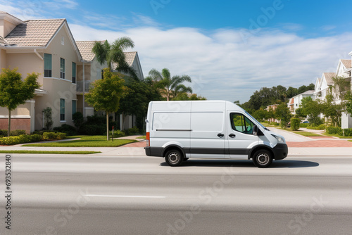 A white cargo van with a white blank empty trailer for ad on