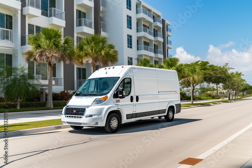 real photo of a white cargo van with a white blank empty trailer for ad on a Florida condominium street. driving in motion.. --ar 3:2 --style raw --v 5.2 Job ID: 054c8967-a20a-43b0-9177-b573fea2ee69