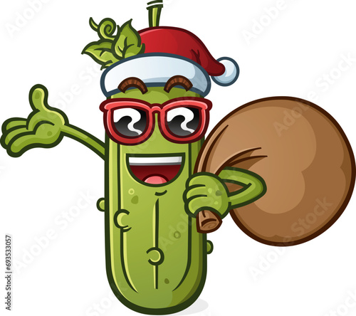 Cool christmas pickle cartoon with attitude and sunglasses holding a santa sack of toys for all the good girls and boys on christmas day