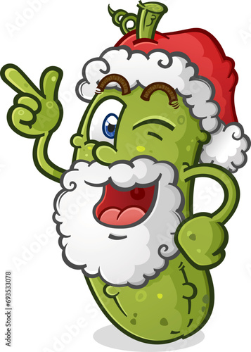 Christmas pickle cartoon character dressed as santa claus while pointing and giving a mischievous wink because he is always watching all of the girls and boys for his list 