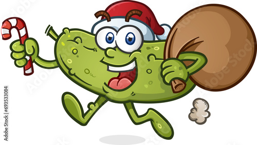 Short jogging christmas pickle cartoon holding a sack full of toys for all the good girls and boys and a big delicious minty candy cane for a bit of holiday cheer