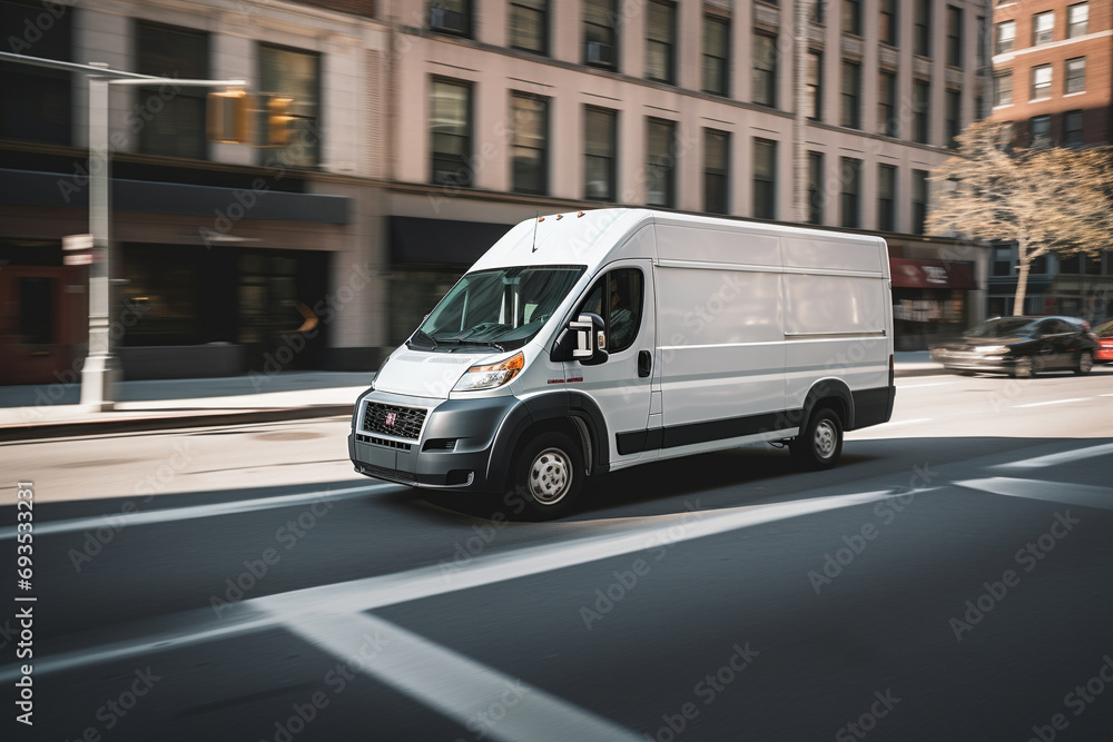 A white cargo van with a white blank empty trailer for ad on A white cargo van with a white blank empty trailer for ad on