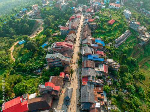 Aerial view of Bandipur from Thani mai temple hill. Nepal. Main street with shops and commercial activities
 photo