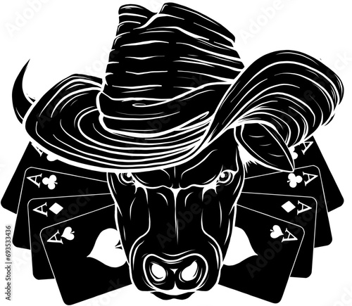 black silhouette of Cartoon style bull with cowboy hat, animal vector logo.