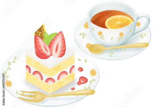 イチゴケーキと紅茶セットの水彩イラスト