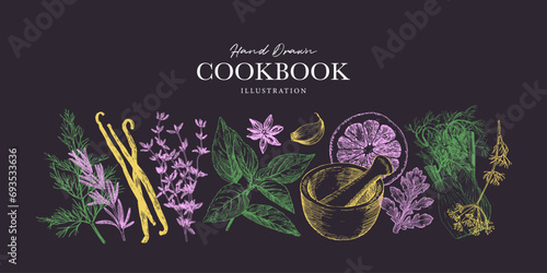 Herbs and spices banner template. Chalk pastel like drawings on chalkboard. Graphic elements for cook book design, restaurant menu and recipe sheets