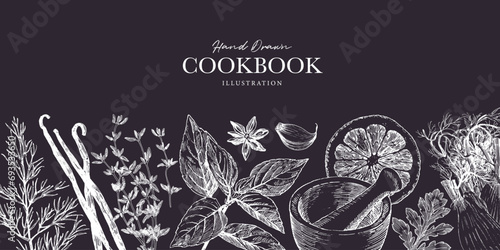 Herbs and spices banner template. Chalk pastel like drawings on chalkboard. Graphic elements for cook book design, restaurant menu and recipe sheets photo