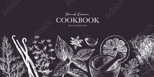 Herbs and spices banner template. Chalk pastel like drawings on chalkboard. Graphic elements for cook book design, restaurant menu and recipe sheets