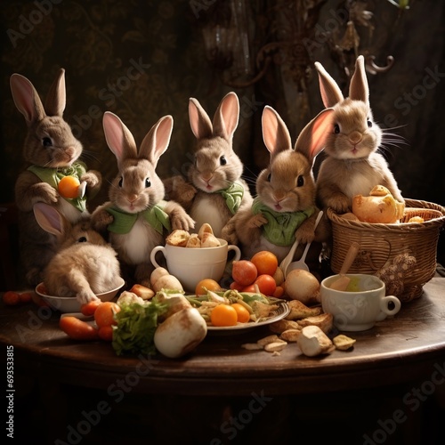 Coniglietti che mangiano a tavola. Foto irreale creata con fantasia photo