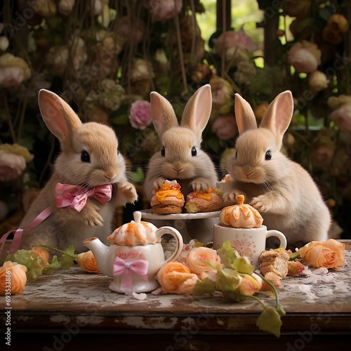 Coniglietti che mangiano dolci seduti al tavolo. Immagine di fantasia