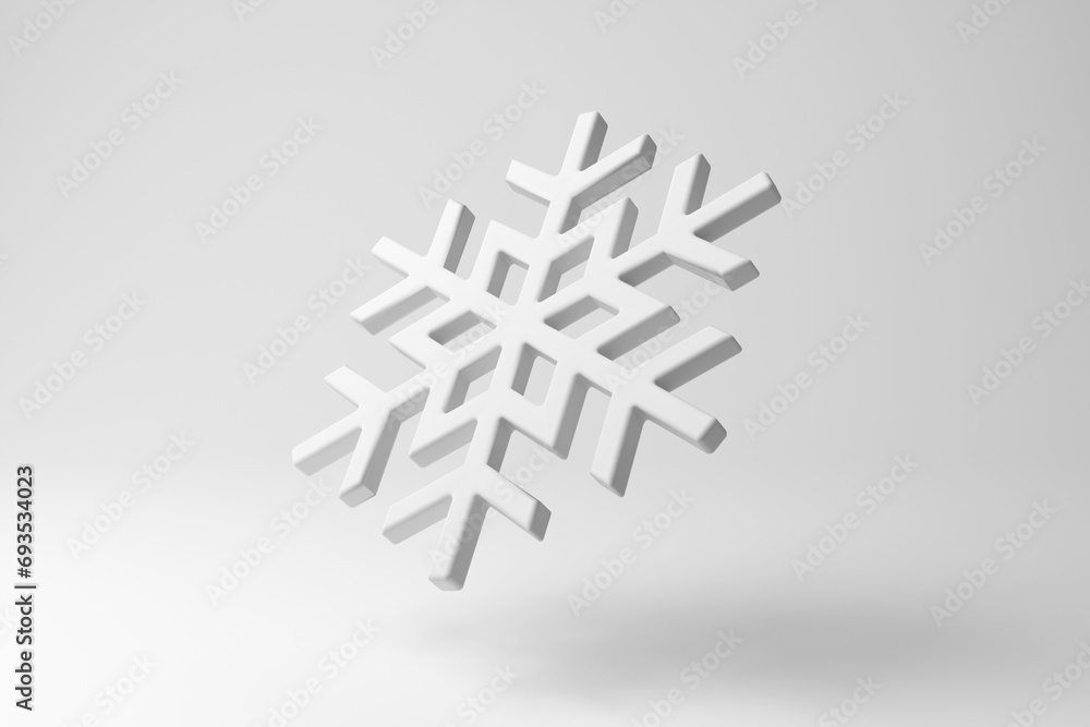 White snowflake floating in mid air on white background in monochrome and minimalism. Illustration of the concept of winter White snowflake floating in mid air on white background in monochrome and minimalism. Illustration of the concept of winter