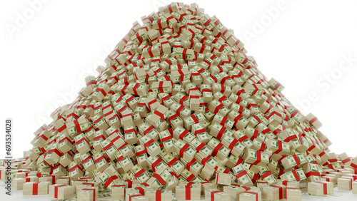 Money on pile render, white background, dollars with red bands. photo