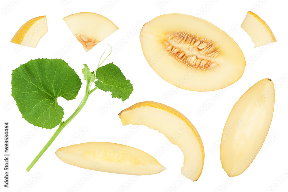 Fototapeta premium Melon half and slices isolated on white background. Top view. Flat lay