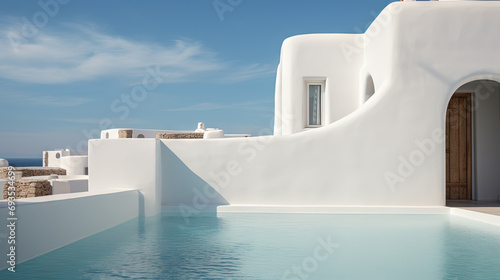 Hotel pool in the sunny day with blue water and white buildings. Resort architecture with swimming pool © swillklitch