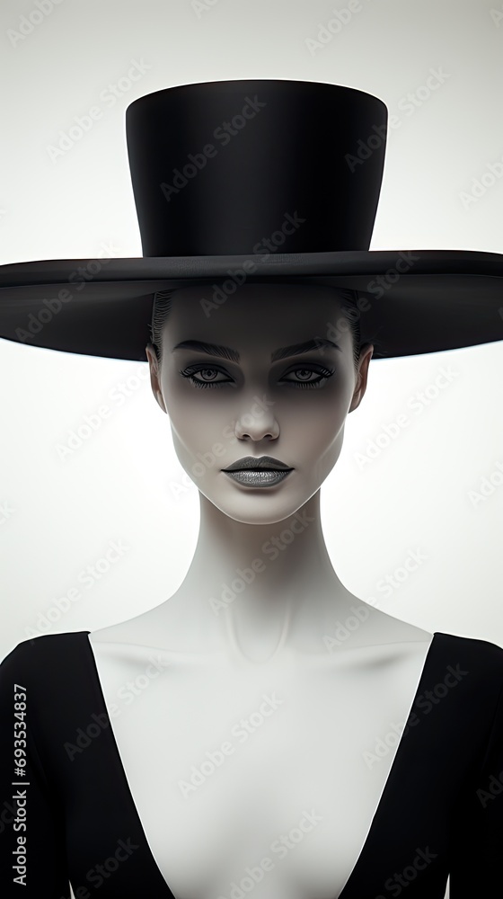 young woman wearing an elegant dress and an extravagant hat - minimal fashion portrait young woman wearing an elegant dress and an extravagant hat - minimal fashion portrait