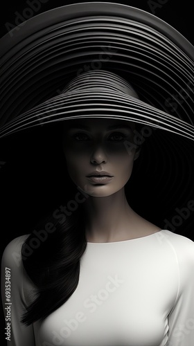 young woman wearing an elegant dress and an extravagant hat - minimal fashion portrait