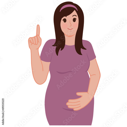 Vector of pregnant woman smiling touching belly and pointing up illustration