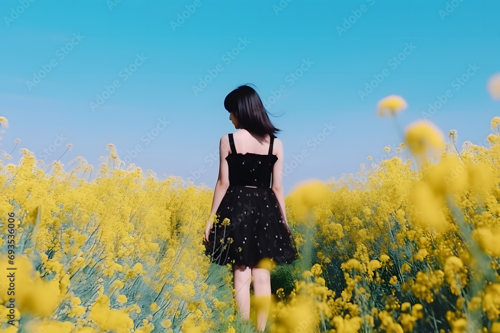 A young girl in a dress walks in a field of yellow flowers. Neural network AI generated art A young girl in a dress walks in a field of yellow flowers. Neural network AI generated art