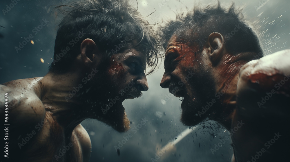 Challenge of two male fighters facing each other in profile. Angry, bloodied boxers shouting at each other, isolated against a dusty background. Poster for a duel - obrazy, fototapety, plakaty 