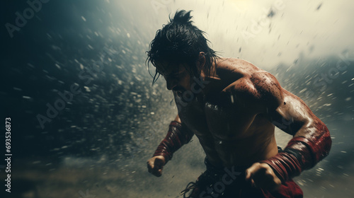 Tenacious fighter training for combat. Muscular man exercising punches, isolated against a dark background with splashes of water. Wallpaper depicting the themes of struggle, perseverance and training © Domingo