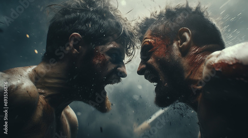 Challenge of two male fighters facing each other in profile. Angry, bloodied boxers shouting at each other, isolated against a dusty background. Poster for a duel