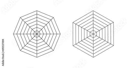 Set of hexagon and octagon simple graphs. Collection of radar or spider diagram templates. Spider mesh. Blank radar charts. Flat web diagrams for statistic, analytics. Vector outlined illustration. photo