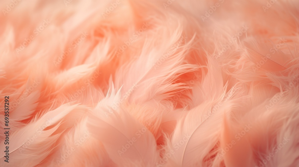 Close-up of Abstract Peach Fuzz color background with feathers, selective focus and copy space for text. Close-up of Abstract Peach Fuzz color background with feathers, selective focus and copy space for text.