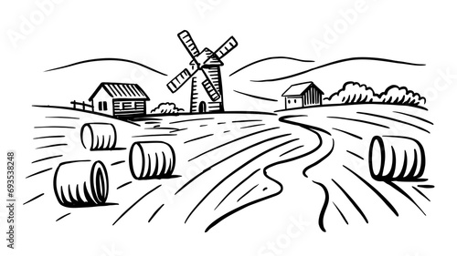 Countryside landscape with mill village