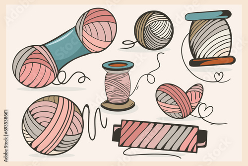 Collection of Colored Sewing Threads. Hand-drawn Colored Threads for Knitting. 