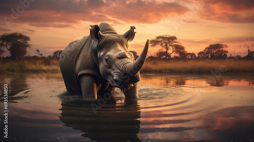Gray rhinoceros with a large horn  in the water of a pond with an African landscape and trees in the background at sunset. Wildlife advocating for the protection of endangered animals from hunting