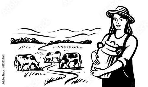 Woman with can of milk in village. Rural landscape young female