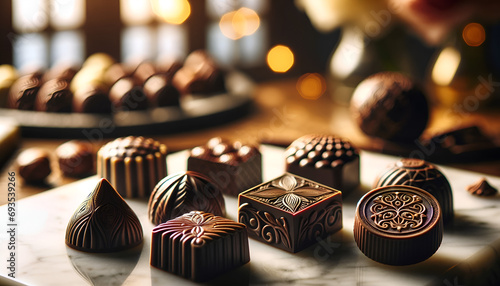 gourmet chocolates arranged elegantly on a marble surface photo