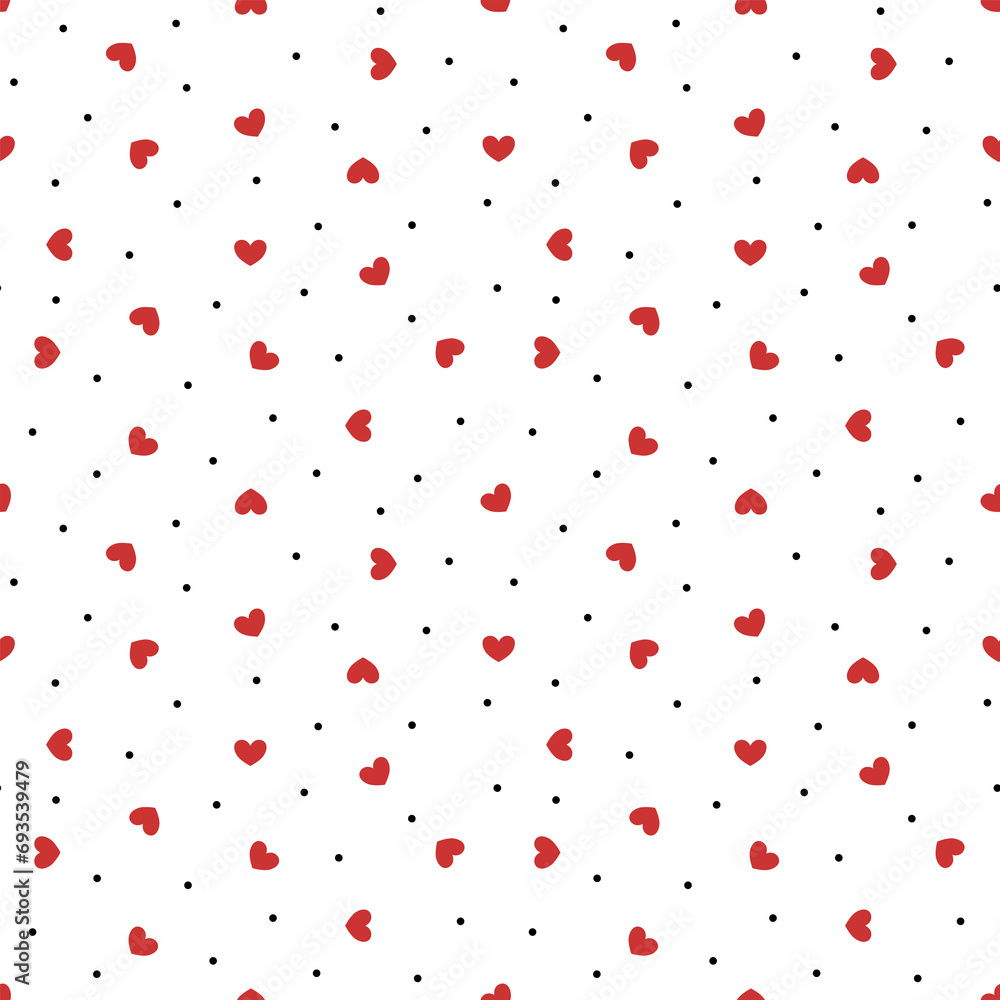 Valentine red heart seamless pattern vector. Red heart and black dots on white background. Minimal wallpaper. Symbol of love. Cute design for fabric, dress, shirt, skirt, scarf, card, wrapping paper. Valentine red heart seamless pattern vector. Red heart and black dots on white background. Minimal wallpaper. Symbol of love. Cute design for fabric, dress, shirt, skirt, scarf, card, wrapping paper.