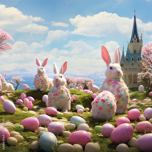 Coniglietti e uova su un prato verde con lo sfondo di un castello. Immagine irreale di cartoni animati