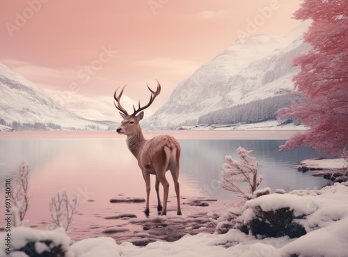 Composite image of red deer stag in Beautiful Alpen Glow hitting mountain peaks. © Jahid