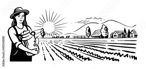 Woman with can of milk in village. Rural landscape young female